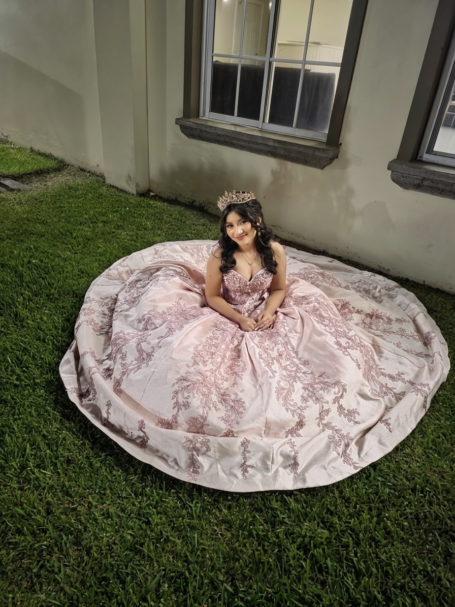 Quinceañera con vestido rosado y corona en el jardín