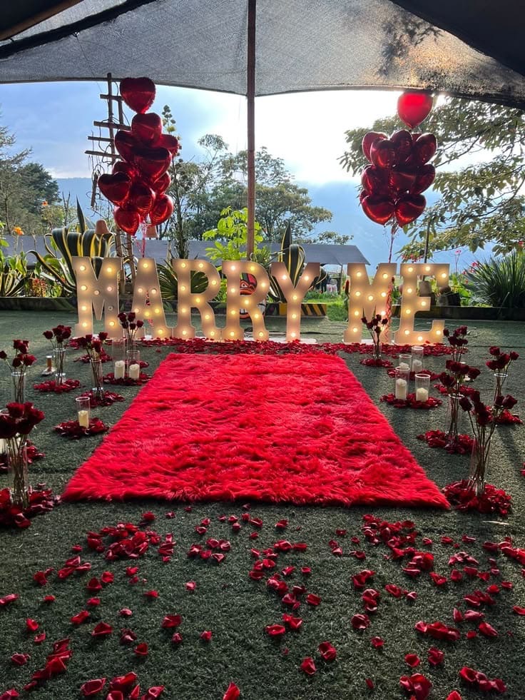 Propuesta Marry Me en jardín con alfombra roja, globos y pétalos