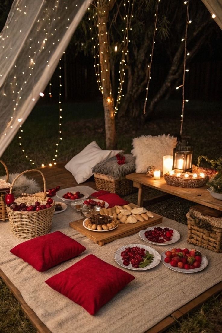 Picnic nocturno con luces cálidas, cojines rojos y bandeja de frutas