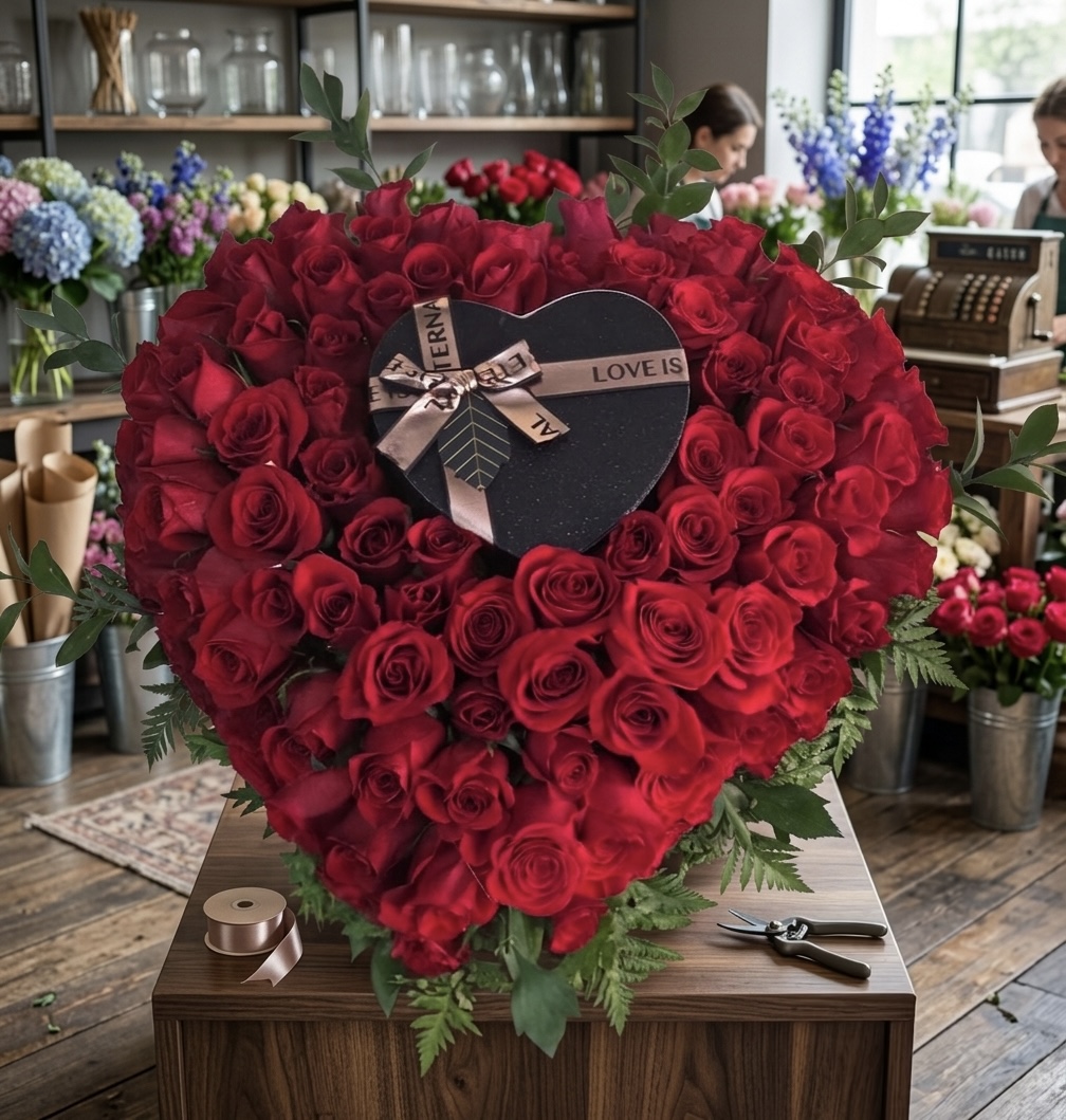Arreglo en forma de corazón con rosas rojas